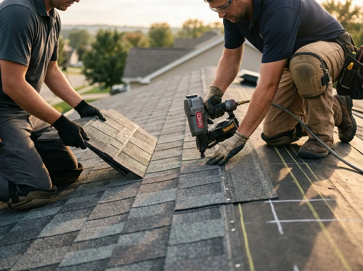 Professional roofer working on a residential roof in Staunton